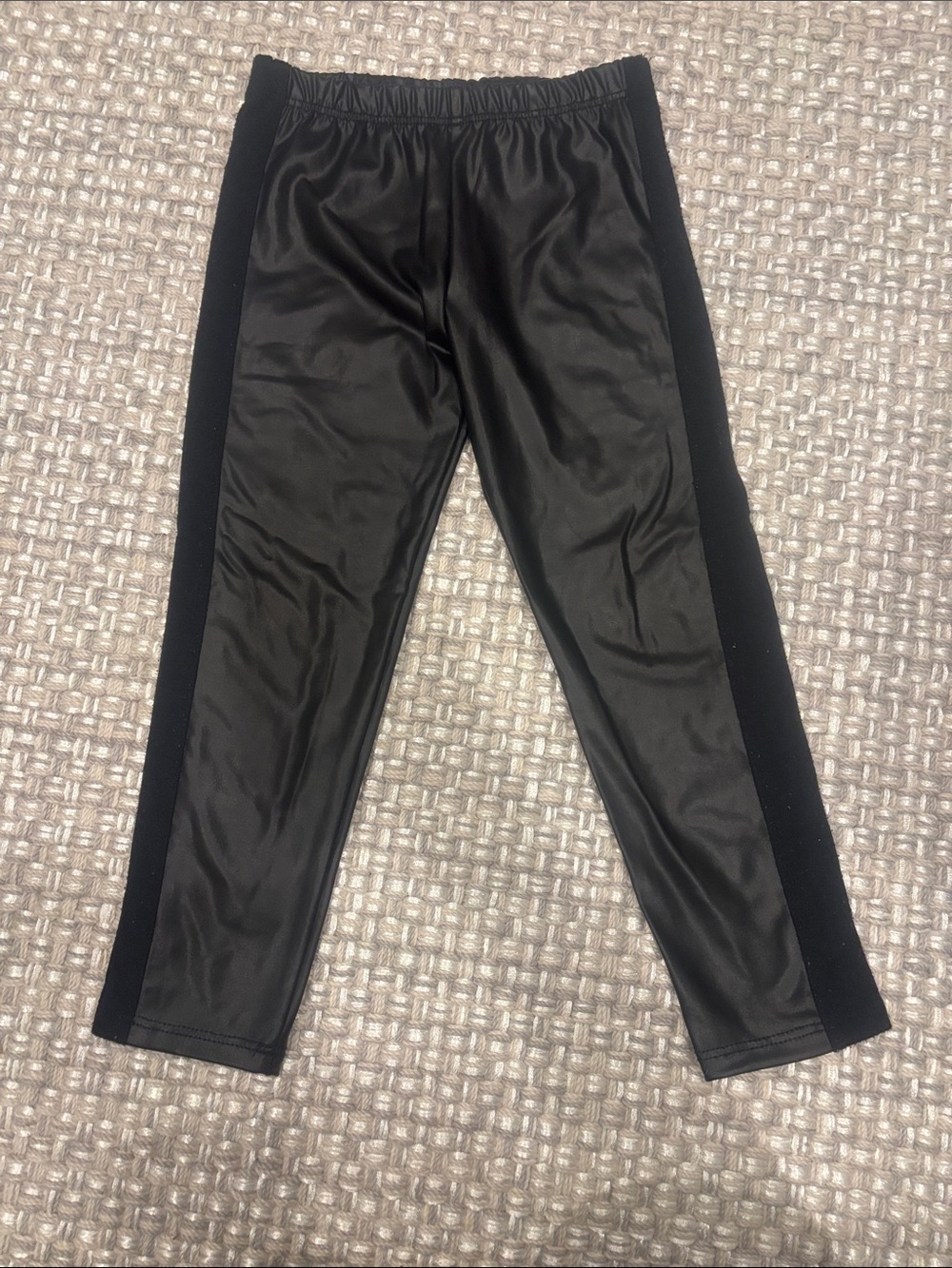Girls' Black Faux Leather-Look Leggings with Side Panels